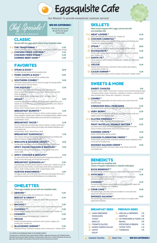 The complete printed breakfast and brunch menu page 1 featuring signature eggs, pancakes, and specialized platters at The Eggsquisite Cafe