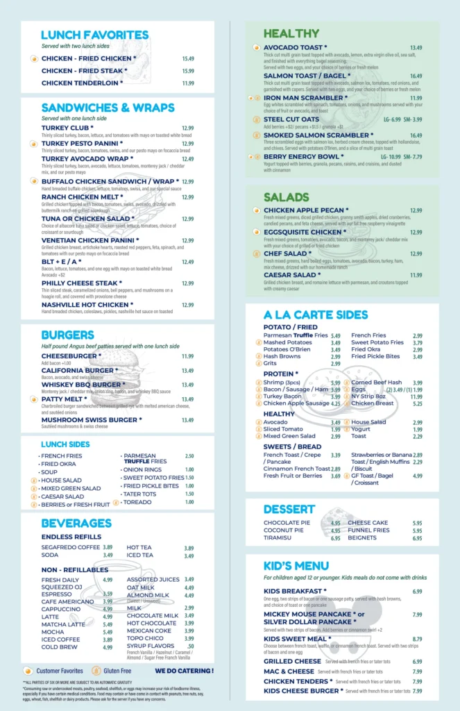 The complete printed breakfast and brunch menu page 2 featuring signature eggs, pancakes, and specialized platters at The Eggsquisite Cafe