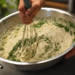 Whisking fresh homemade ranch sauce in a bowl at The Eggsquisite Cafe
