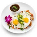 Huevos Rancheros at Eggsquisite Cafe with two eggs, corn tortilla chips, homemade salsa, crema, queso fresco, avocado, black beans, and a breakfast side.