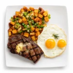 Steak and Eggs at Eggsquisite Cafe with an 8-ounce New York strip steak, eggs, and two breakfast sides.
