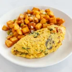 Veggie Omelette at Eggsquisite Cafe with roasted tomatoes, mushrooms, onions, spinach, peppers, and Monterey Jack and cheddar cheese.